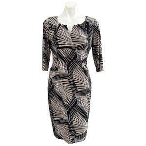 Adrianna Papell Black Beige Abstract Print Sheath Dress, Pleated Details Size 10